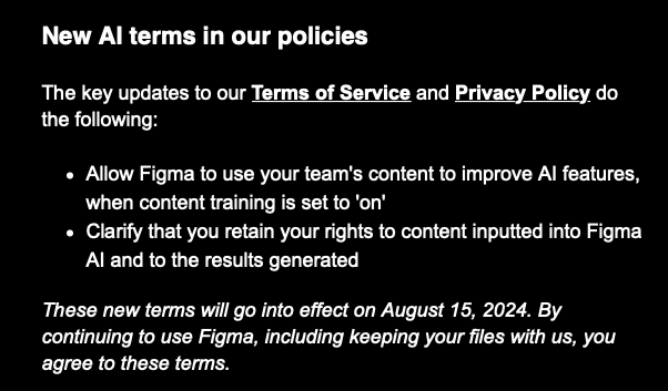 image of an email message from Figma specifying the TOS for Figma AI